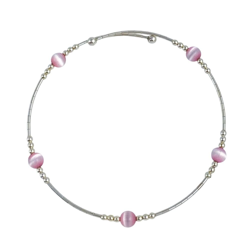 Vintage Sterling Silver 925 Pink Cat’s Eye Memory Wire Bracelet 7.5"